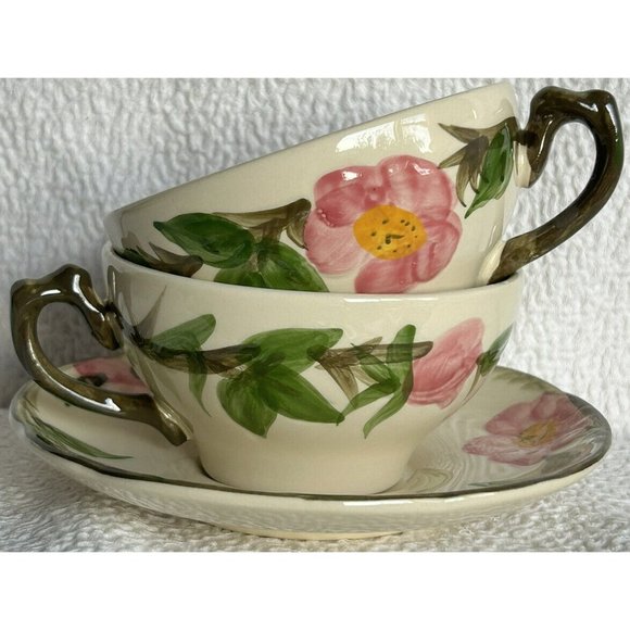 Vintage Franciscan Desert Rose Flying F Saucer & 2 Coffee Cups Made In USA EUC - Picture 2 of 13